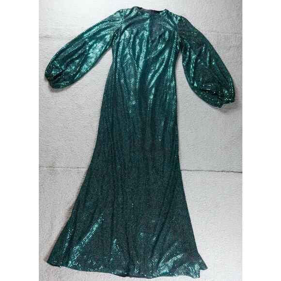 New Mac Duggal Leena Gown 6 Green Sequins Disco Stretch Blouson Sleeve 26576 - Picture 2 of 13